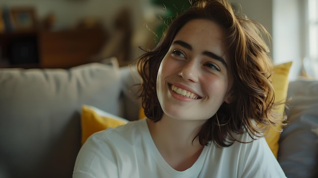 Mujer joven sonriente disfrutando de un momento acogedor en casa estilo casual emociones genuinas capturadas perfectas para el marketing de estilo de vida IA