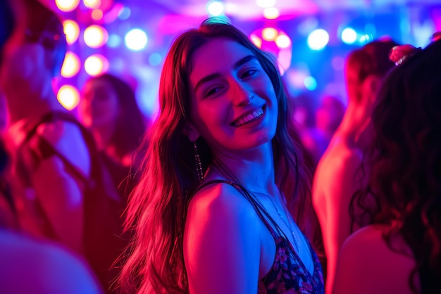 Mujer joven sonriente disfrutando de un vibrante ambiente de fiesta con luces de colores en el fondo