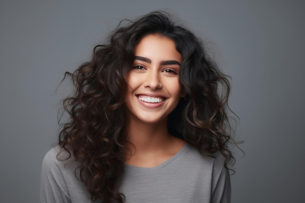 Mujer joven sonriente feliz aislada sobre fondo gris