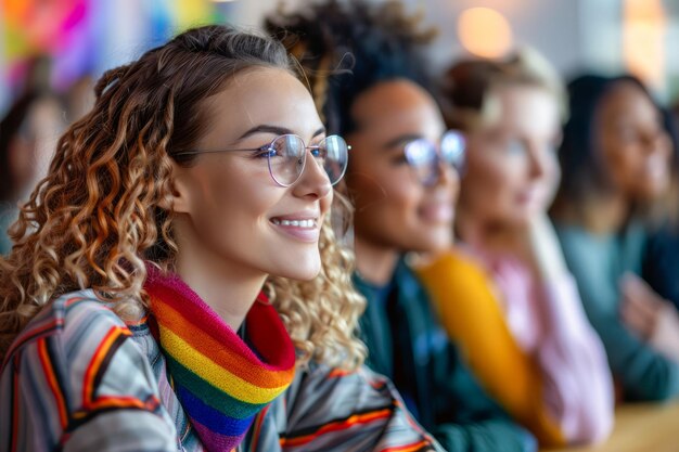 Mujer joven sonriente con gafas y bufanda de colores asistiendo a un seminario con un grupo diverso en