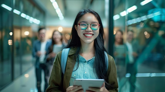Mujer joven sonriente con gafas usando una tableta en un pasillo de oficina moderna profesional casual que conecta tecnología y concepto de negocio IA