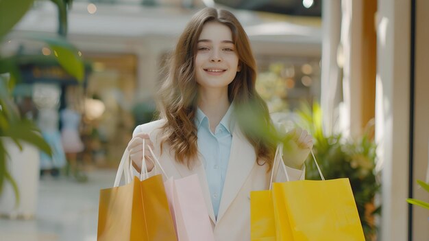 Mujer joven sonriente haciendo compras llevando bolsas amarillas en un centro comercial estilo casual estilo de vida de consumo día de compras alegre IA