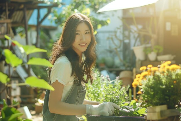 Mujer joven sonriente jardinería a la luz del sol con vegetación exuberante