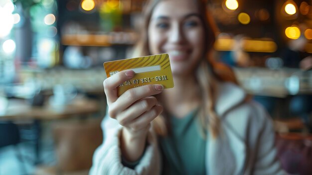 Mujer joven sonriente mostrando una tarjeta de crédito en un acogedor entorno de café Concepto de estilo de vida moderno y libertad financiera Estilo casual Momento candido capturado por IA