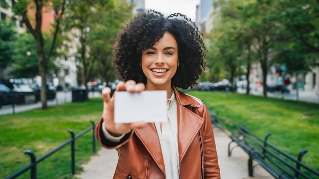 Mujer joven sonriente mostrando una tarjeta de visita en blanco en un parque de la ciudad