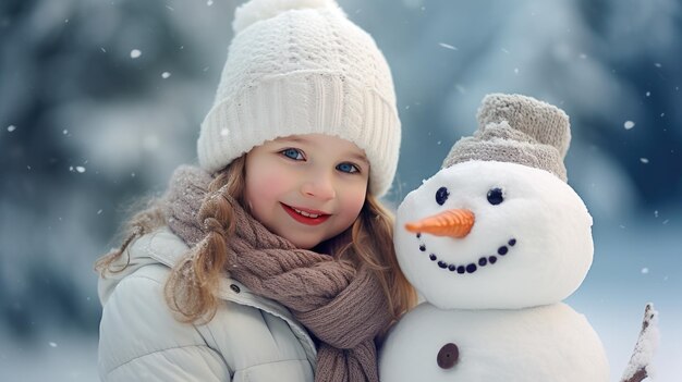 Mujer joven sonriente con muñeco de nieve en Navidad blanca en la nieve del invierno