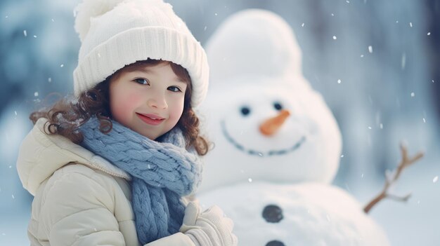 Mujer joven sonriente con muñeco de nieve en Navidad blanca en la nieve del invierno