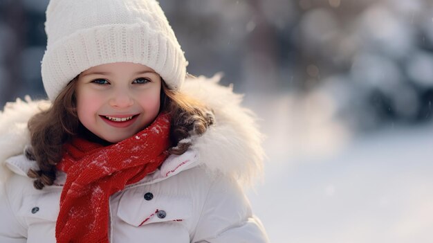 Mujer joven sonriente con muñeco de nieve en Navidad blanca en la nieve del invierno