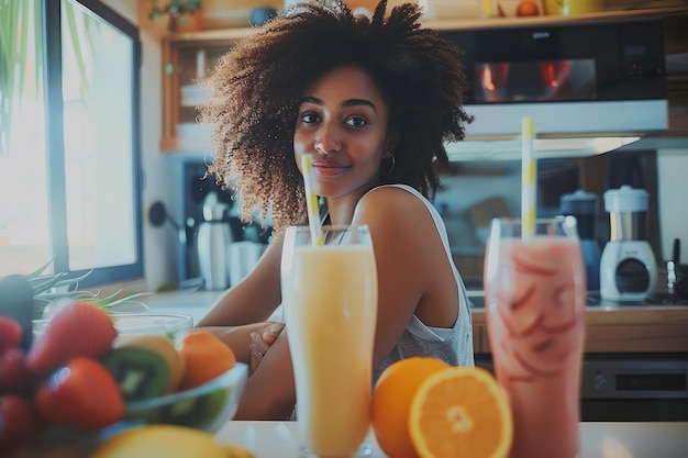 Mujer joven sonriente ofreciendo batido de naranja fresco en la cocina soleada estableciendo un estilo de vida saludable y