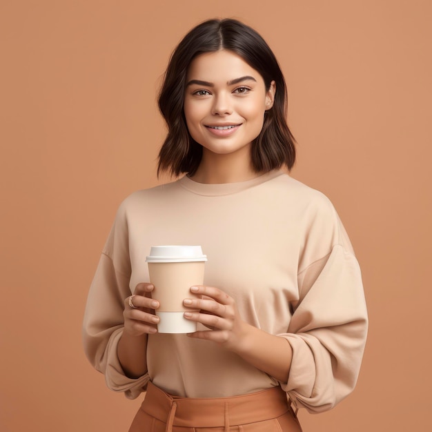 una mujer joven sonriente que sostiene una taza de café de papel simple simulada en un fondo marrón suave y sólido