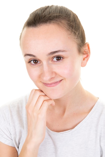 mujer joven, sonriente, retrato, aislado, blanco, plano de fondo