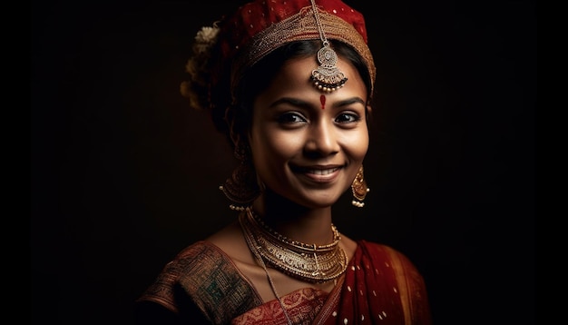 Mujer joven sonriente en sari indio tradicional generado por IA