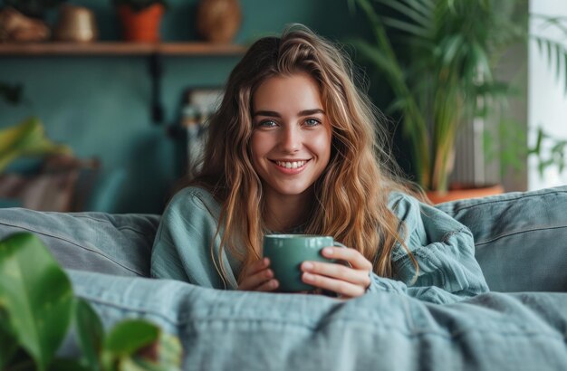mujer joven sonriente sentada en el sofá y comiendo té chai