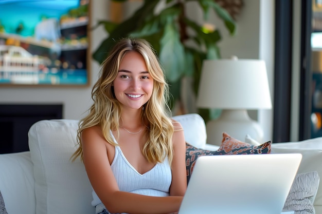 mujer joven sonriente sentada en el sofá usando una computadora portátil trabajo remoto o concepto de estudio