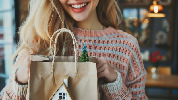 Mujer joven sonriente sosteniendo una bolsa de compras con una pequeña casa y un árbol de Navidad en el interior La mujer lleva un suéter rosa