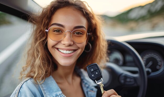 Foto mujer joven sonriente sosteniendo las llaves de un coche de alquiler antes del viaje y sonriendo a la cámara