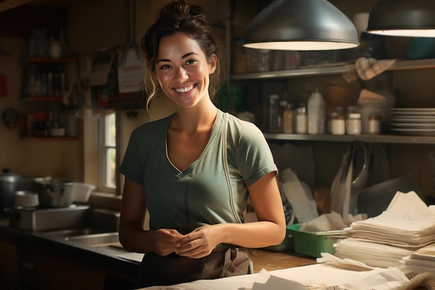 Foto mujer joven sonriente en su cocina