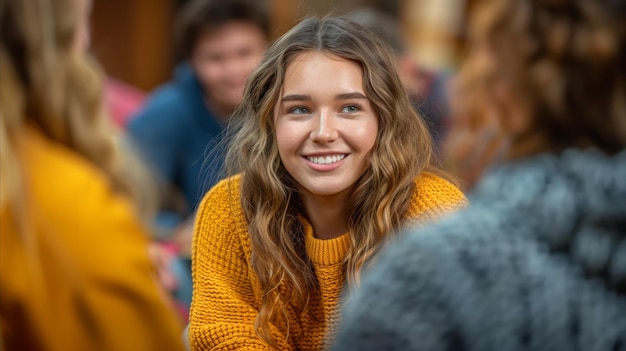 Mujer joven sonriente con suéter amarillo disfrutando de una reunión social al aire libre