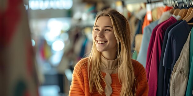 Mujer joven sonriente con suéter naranja comprando en una tienda de ropa estilo casual momentos de la vida cotidiana AI de consumo moderno