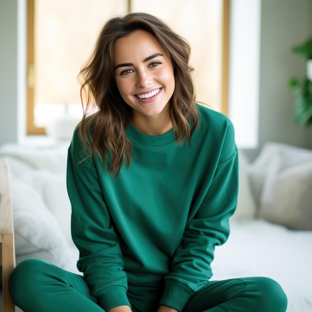 Mujer joven sonriente con suéter verde