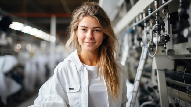 Mujer joven sonriente y tableta en una fábrica de moda Máquinas CNC de costura industrial en la línea de producción