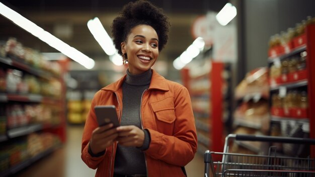 Mujer joven sonriente con teléfono inteligente comprando comestibles en el supermercado