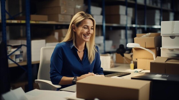 mujer joven sonriente tomando nota de los pedidos de los clientes dropshipping dueño del negocio que trabaja en su