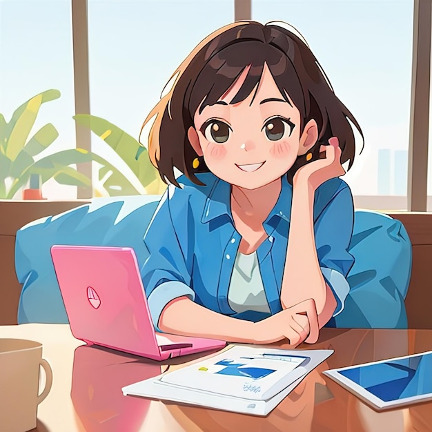 Mujer joven sonriente trabajando en una computadora portátil cuaderno lindo ilustración de estilo anime simple