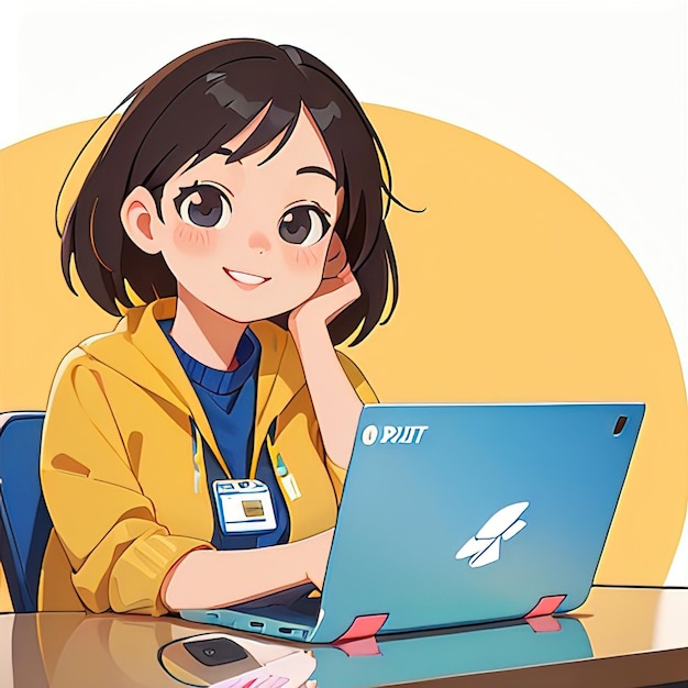 Mujer joven sonriente trabajando en una computadora portátil cuaderno lindo ilustración de estilo anime simple