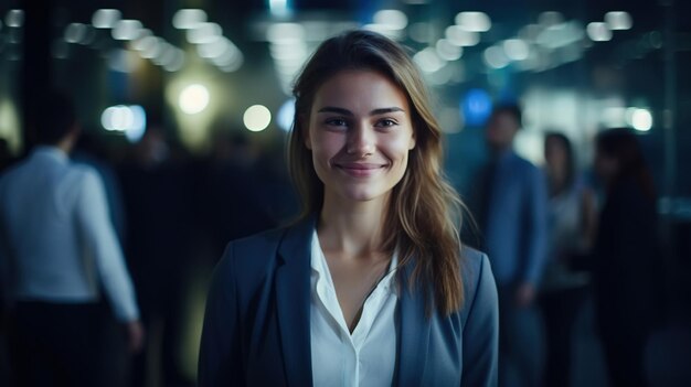 Mujer joven sonriente en traje estudiante interno positivo en el interior mirando a la cámara