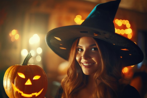 Mujer joven sonriente vestida de bruja sosteniendo una calabaza brillante contra el festivo fondo bokeh de la fiesta de Halloween IA generativa