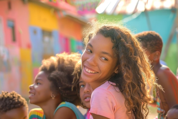 Mujer joven con una sonrisa cautivadora rodeada de niños juguetones en un ambiente vívido