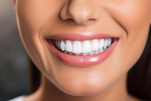 Mujer joven con una sonrisa perfecta dientes blanqueo en la clínica dental para el cuidado bucal y la odontología