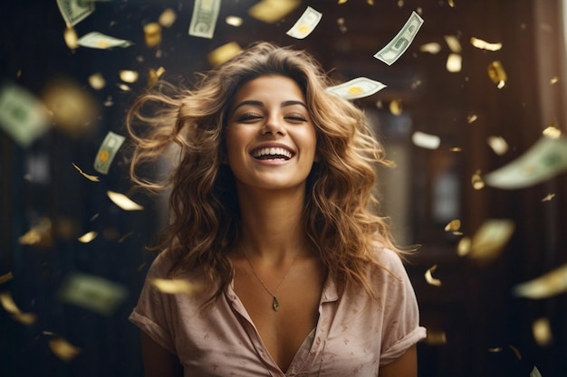 Una mujer joven con una sonrisa radiante rodeada de una ráfaga de billetes celebrando su victoria en la lotería