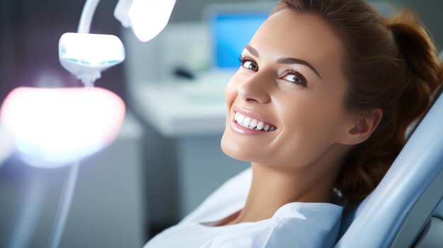 Foto una mujer joven con una sonrisa radiante está sentada en una silla dental