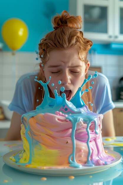 Foto mujer joven soplando en pastel colorido con un chapoteo dinámico de helado en un entorno de cocina brillante