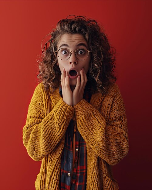 Foto mujer joven sorprendida con gafas y suéter sobre fondo rojo