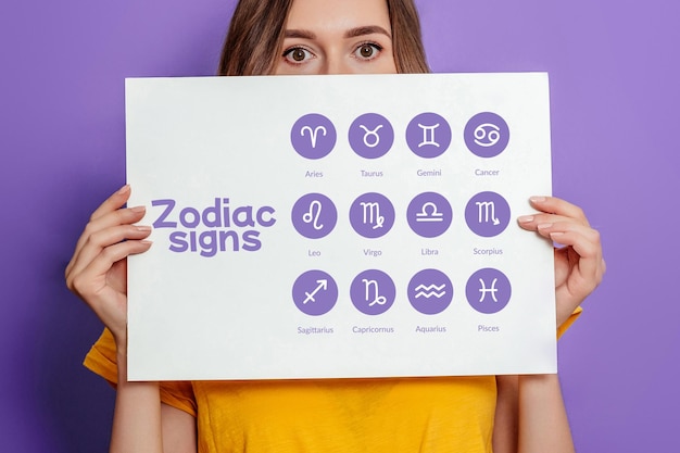 Mujer joven sorprendida sosteniendo un gran cartel de papel con íconos astrológicos de signos del zodiaco aislados en el fondo lila. Escuela de Astrología