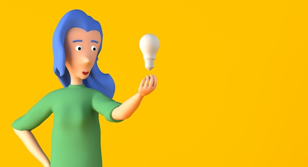 Mujer joven sosteniendo una bombilla de luz flotando en los dedos Ilustración 3D Espacio de copia