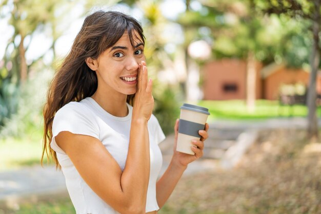 Mujer joven sosteniendo un café para llevar al aire libre susurrando algo