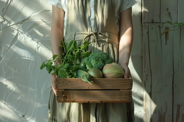 Mujer joven sosteniendo una caja de madera llena de verduras verdes