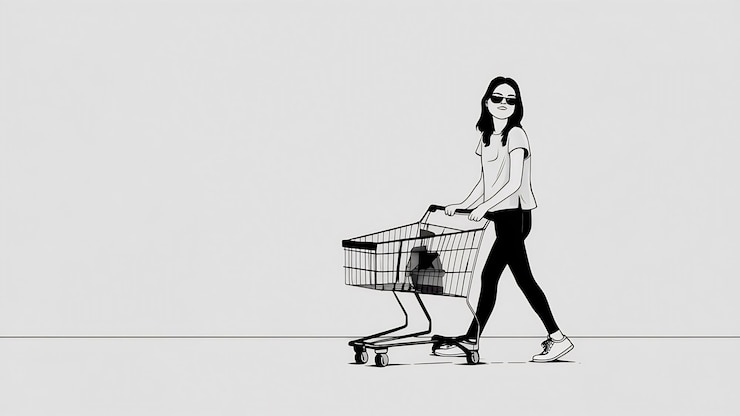 Foto mujer joven sosteniendo un carrito de compras en fondo blanco