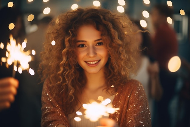 Mujer joven sosteniendo una chispa en una fiesta de celebración del Año Nuevo