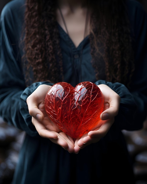 Mujer joven sosteniendo un corazón rojo en sus manos concepto de amor