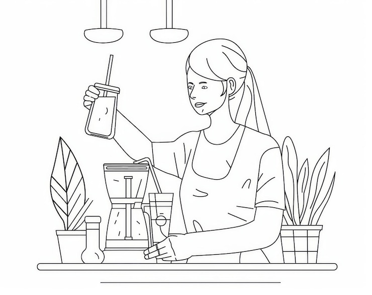 Foto mujer joven sosteniendo un exprimidor con un solo contorno ilustración moderna trazos editables dibujo continuo
