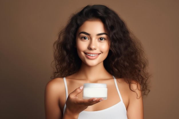 Mujer joven sosteniendo un frasco de maquillaje de crema cosmética para publicidad