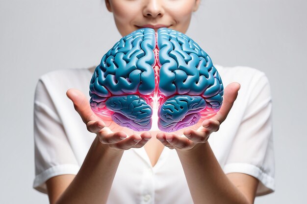 Foto mujer joven sosteniendo una imagen digital del cerebro en las manos en primer plano de fondo blanco