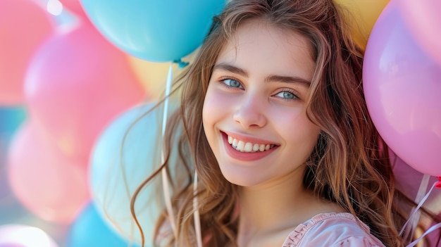 Mujer joven sosteniendo un montón de globos