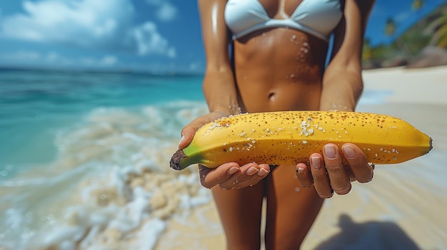 Mujer joven sosteniendo un plátano en la playa de cerca