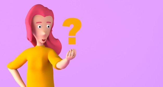 Mujer joven sosteniendo un signo de interrogación flotante en sus dedos Ilustración 3D Espacio de copia